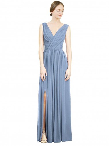 Sleeveless Draped Chiffon Evening Maxi Dress with Front Slit UK