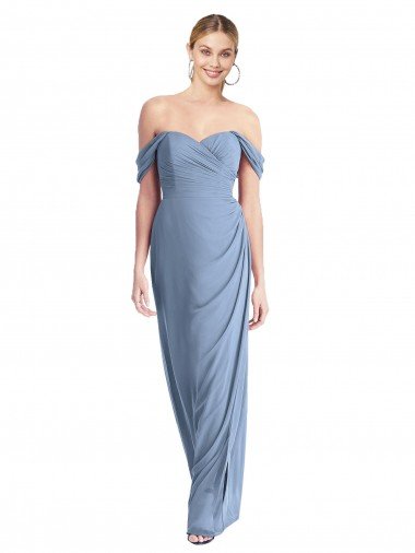 Full Length Draped Off the Shoulder Evening Maxi Dress with Shirred Streamer UK