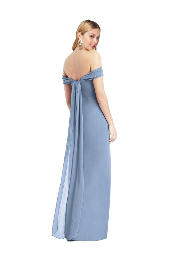 Full Length Draped Off the Shoulder Evening Maxi Dress with Shirred Streamer