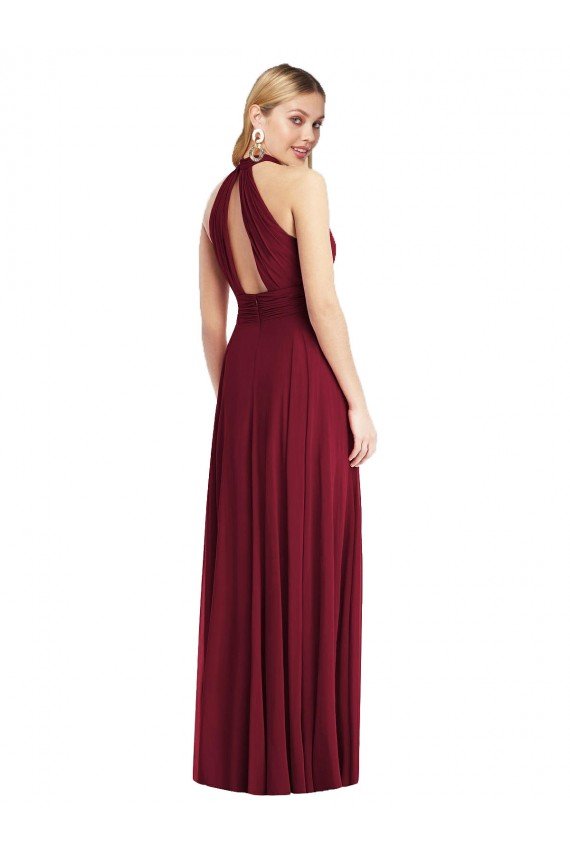 High-Neck Open Back Shirred Halter Evening Maxi Dress