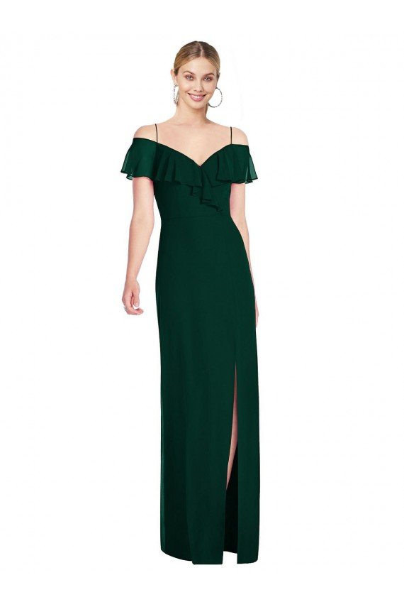 Ruffled Cold-Shoulder Maxi Chiffon Evening Dress