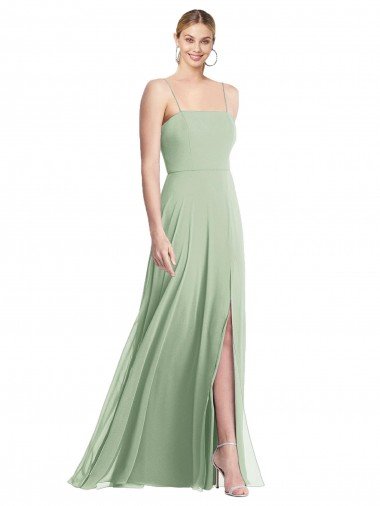 Sleek Spaghetti Straps Low Back Square Neck Maxi Chiffon Evening Dress UK