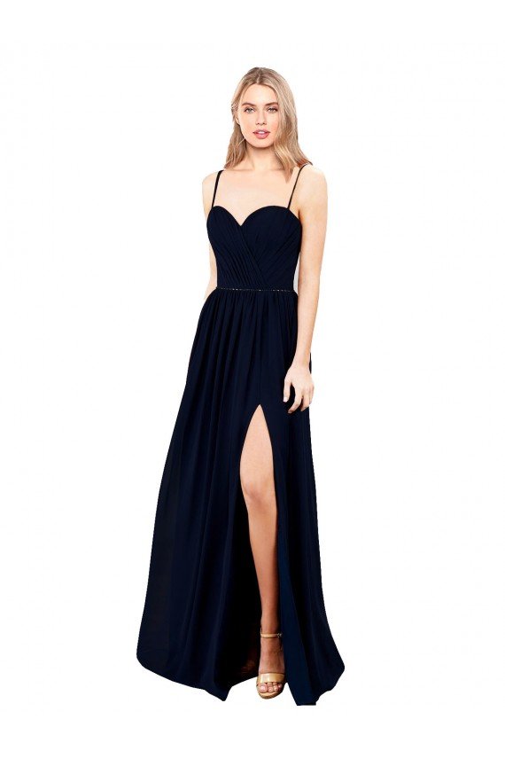 Draped A-Line Chiffon Evening Dress with Spaghetti Straps and High Slit