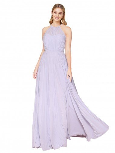 High Neck Halter Shirred Chiffon Evening Dress UK