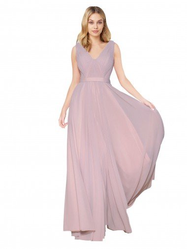 Draped V-Neck Long Chiffon Evening Dress with Shirred Bodice UK