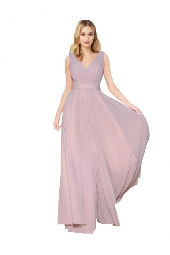 Draped V-Neck Long Chiffon Evening Dress with Shirred Bodice