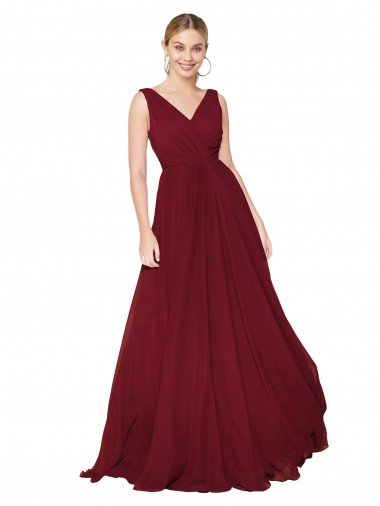Draped A-Line V-Neck Floor Length Chiffon Evening Dress UK