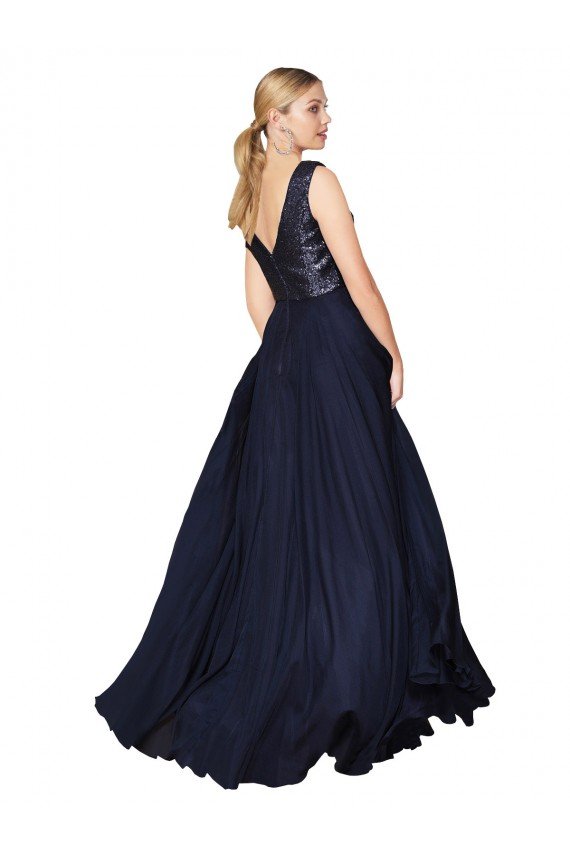 High Neck V-Neck Long Chiffon Evening Dress with Sequin Top