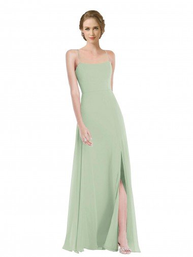 Scoop Neck Tie Strap Evening Maxi Dress with Front Slit UK