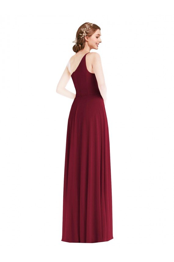 One Shoulder Chiffon Evening Maxi Dress with Shirred Front Slit