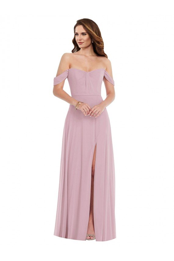 Off the Shoulder Draped Sleeve Evening Maxi Dress with Front Slit