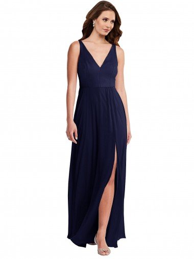Deep V-Neck Chiffon Evening Maxi Dress with Front Slit UK