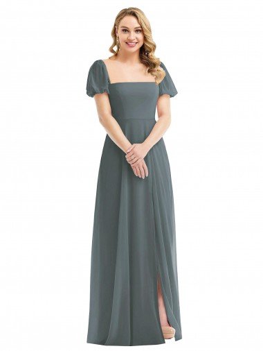 Puff Sleeves Chiffon Evening Maxi Dress with Front Slit UK