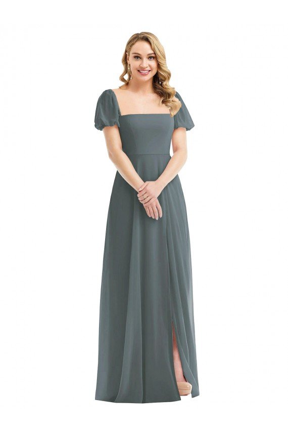 Puff Sleeves Chiffon Evening Maxi Dress with Front Slit