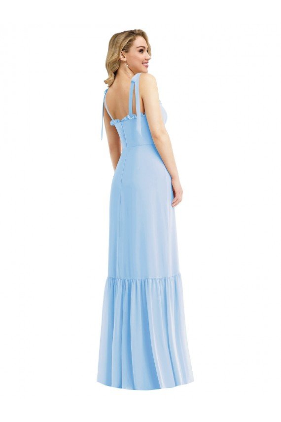 Tie Shoulder Bustier Bodice Ruffle Hem Evening Maxi Dress
