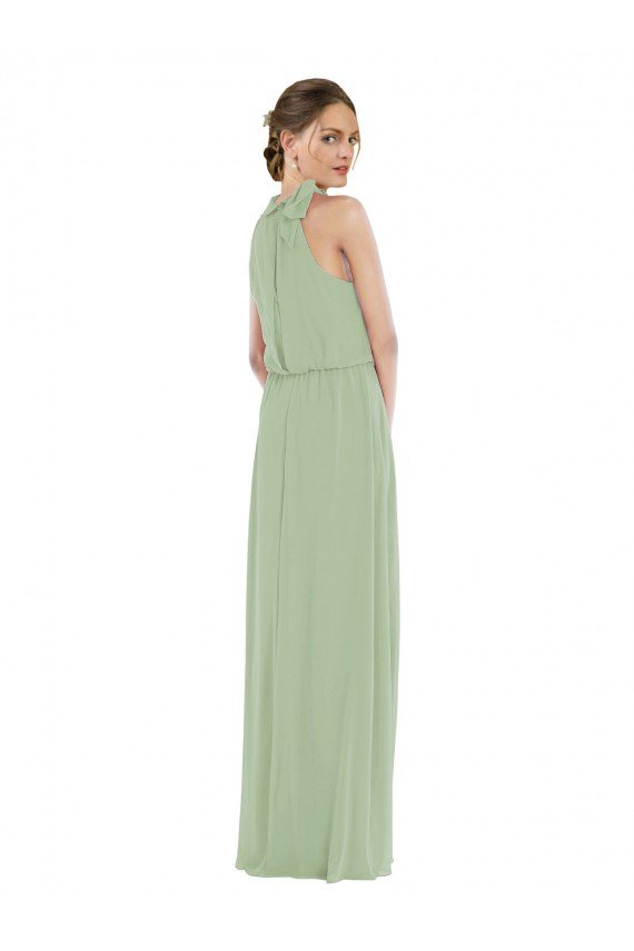 High Neck Scarf Tie Blouson Bodice Evening Maxi Dress with Front Slit