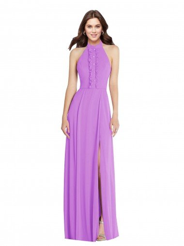 Halter Backless Evening Maxi Dress with Button Ruffle Placket UK