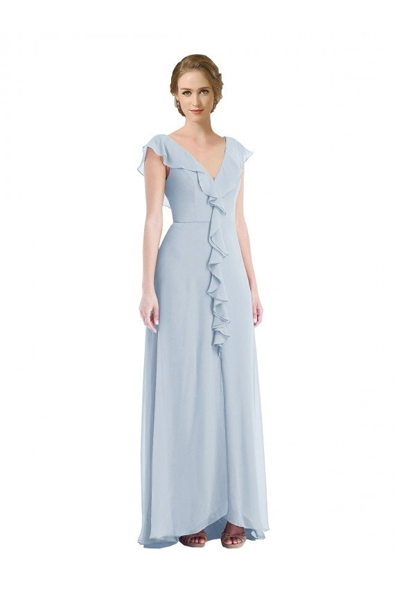 Ruffle Trimmed V Back Chiffon Evening Maxi Dress
