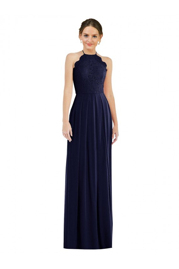 Tie Neck Lace Halter Pleated Skirt Evening Maxi Dress