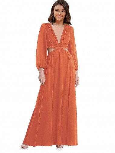 High Low Ruffled Long Chiffon Cutout Bishop Sleeves Evening Maxi Dress UK