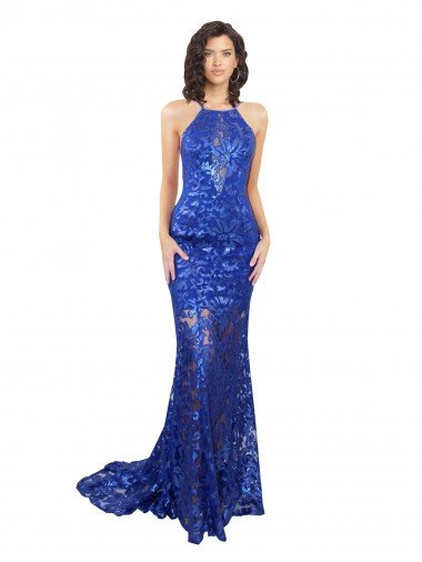 High Neck Long Open Back Lace Evening Dress with Train UK