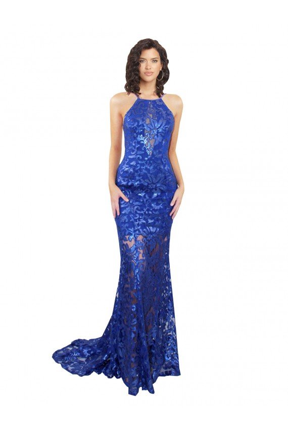 High Neck Long Open Back Lace Evening Dress with Train