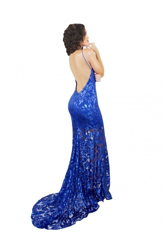 High Neck Long Open Back Lace Evening Dress with Train
