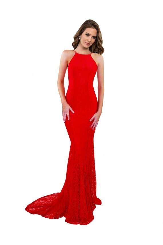 High Neck Long Lace Evening Dress with Open Back Straps