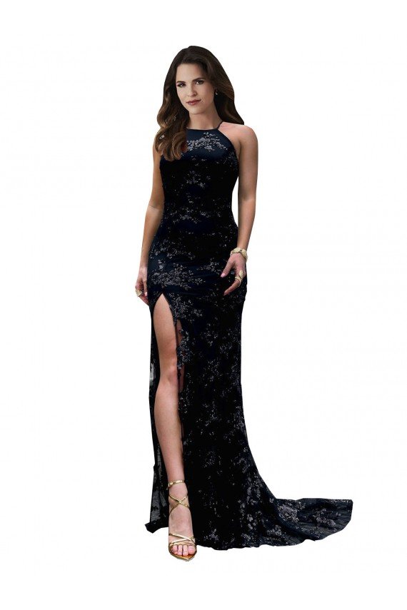 High Neckline Lace Open Back Evening Dress with High Slit
