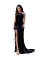 High Neckline Lace Open Back Evening Dress with High Slit