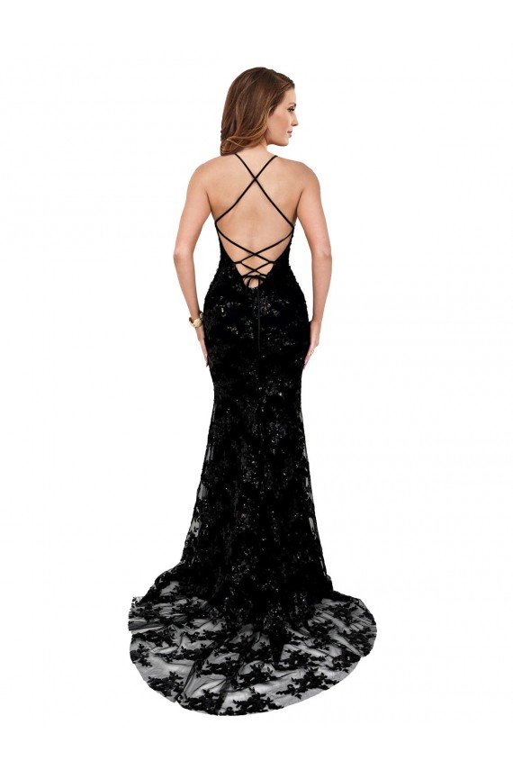 High Neckline Lace Open Back Evening Dress with High Slit
