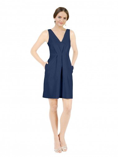 Deep V-Neck Short Knee Length Satin Cocktail Evening Dress with Slimming Pleats UK