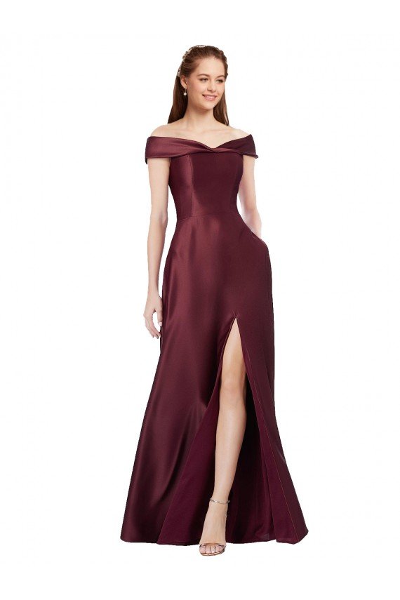 Long Off the Shoulder Satin Evening Dress with Thigh-high Slit