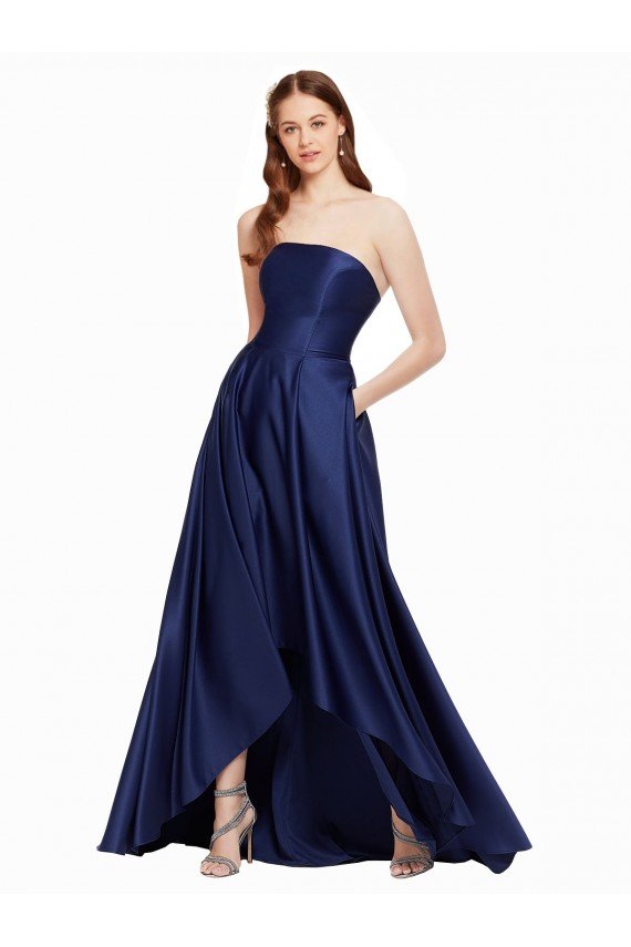 High Low Strapless Satin Evening Dress with Pockets