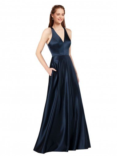 Long Satin Evening Dress with Halter Neckline UK