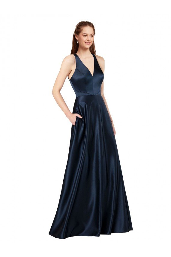 Long Satin Evening Dress with Halter Neckline