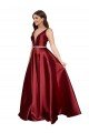 Sleeveless Deep V-Neck A-Line Satin Evening Dress with Pockets