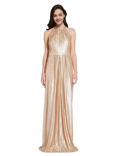 Floor Length Halter Neck Sparkling Sequin Evening Dress with Pleats UK