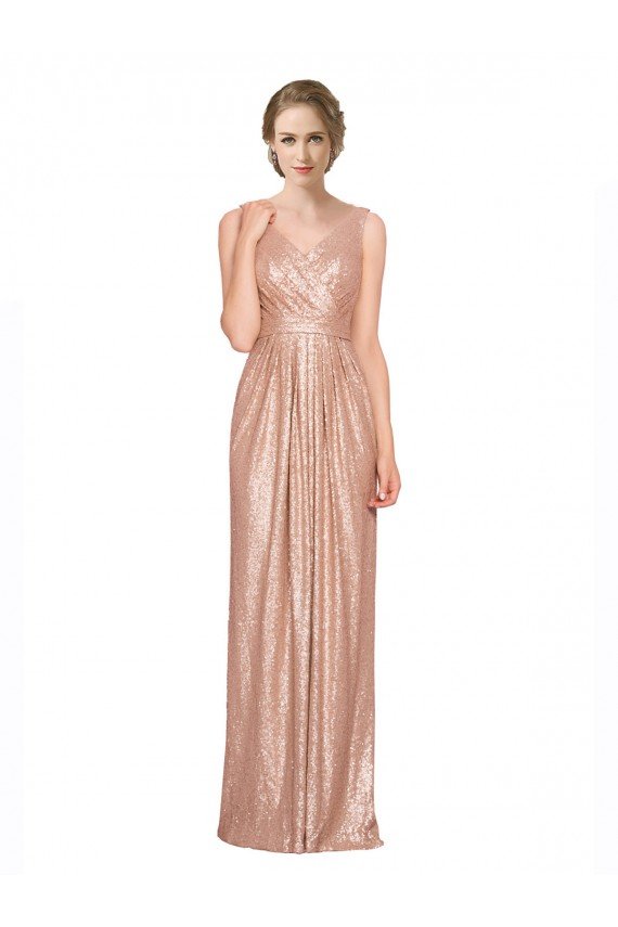 Draped V-Neck Striking Sheath Floor Length Sequin Evening Dress