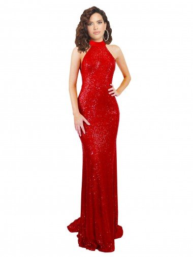 Halter High Neck Mermaid Open Back Sequin Evening Dress UK