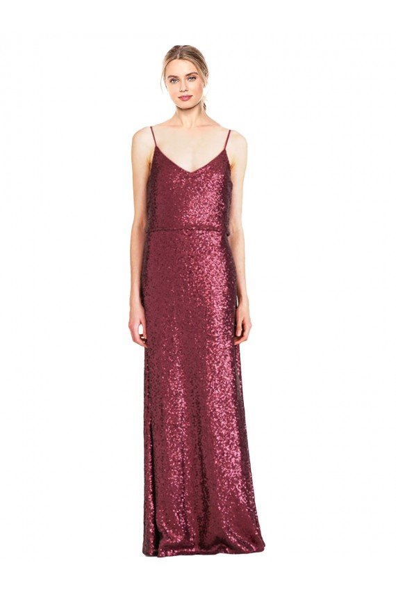 High Neck Halter Long Slim Sequin Evening Dress with V-Neck and Blouson Bodice