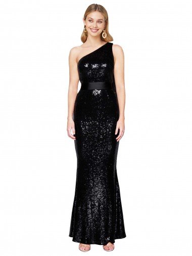 Draped One Shoulder Long Full Length Sequin Evening Dress UK