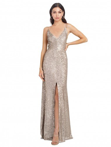 V-Neck Fully Sequin Evening Dress with V-Back and Front Slit UK
