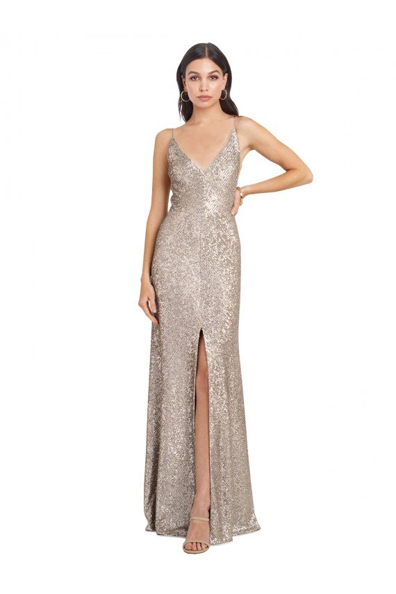V-Neck Fully Sequin Evening Dress with V-Back and Front Slit