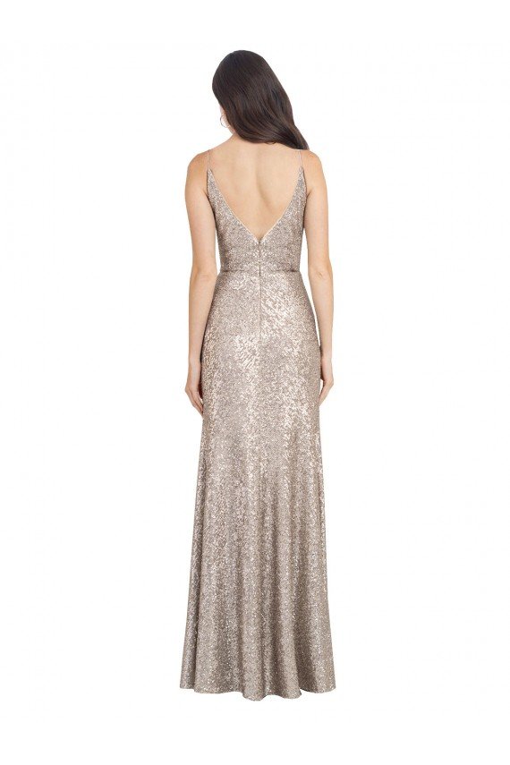 V-Neck Fully Sequin Evening Dress with V-Back and Front Slit