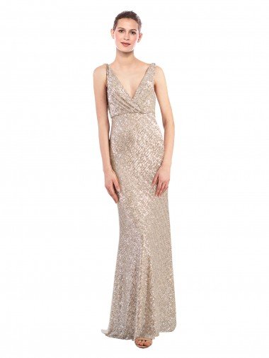 Faux Surplice V-Neck Slim Sparkling Sequin Evening Dress UK