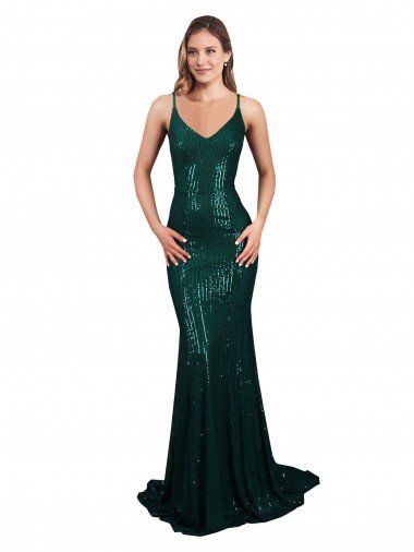 Fishtail Shaped V-Neck Open Back Long Sequin Evening Dress UK