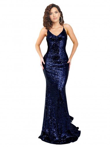 Mermaid V-Neck Low Back Long Sequin Evening Dress UK