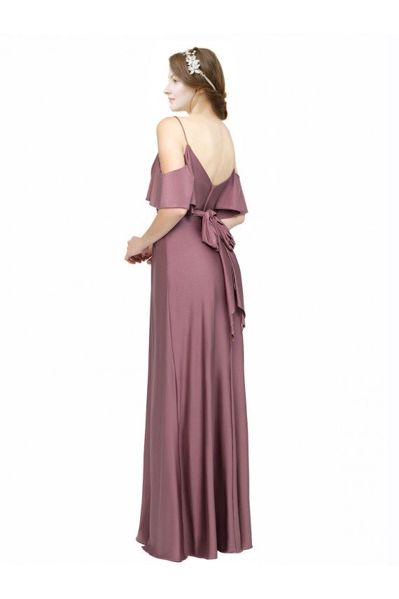 Draped Cold Shoulder Sleeves Long Silky Satin Evening Dress with Slit and Tie Back