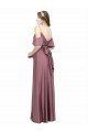 Draped Cold Shoulder Sleeves Long Silky Satin Evening Dress with Slit and Tie Back